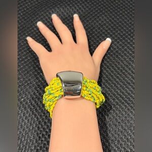 Statement Seed Bead Cuff Bracelet - Yellow & Sea Foam Green - Memory Wire